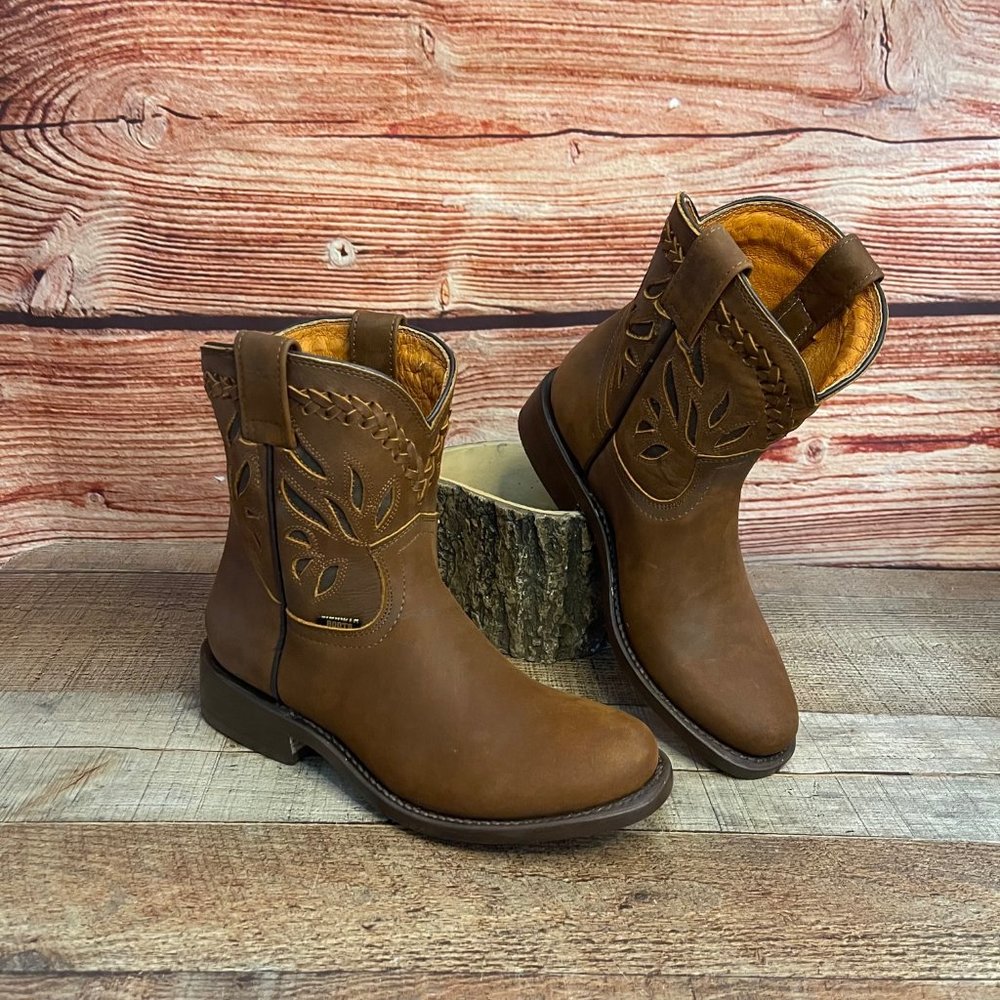 Women WESTERN COWGIRL ROUND TOE LEATHER CHELSEA HALF ANKLE BOOT BOOTIE BOTIN